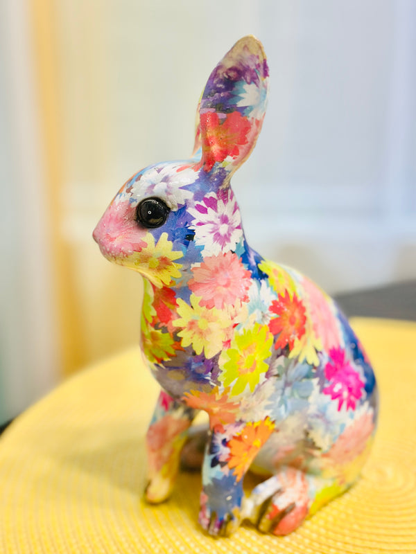 Country Vintage Style Multi Colored Floral Pattern Easter Bunny Figurine Home Decor Retro