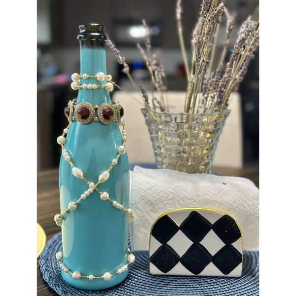 Repurposed - Blue Wine Bottle with Jewels - Home Decor - Table Decoration - Bejewled - Home Decoration Oddities - Flower Vase - Boho Decor