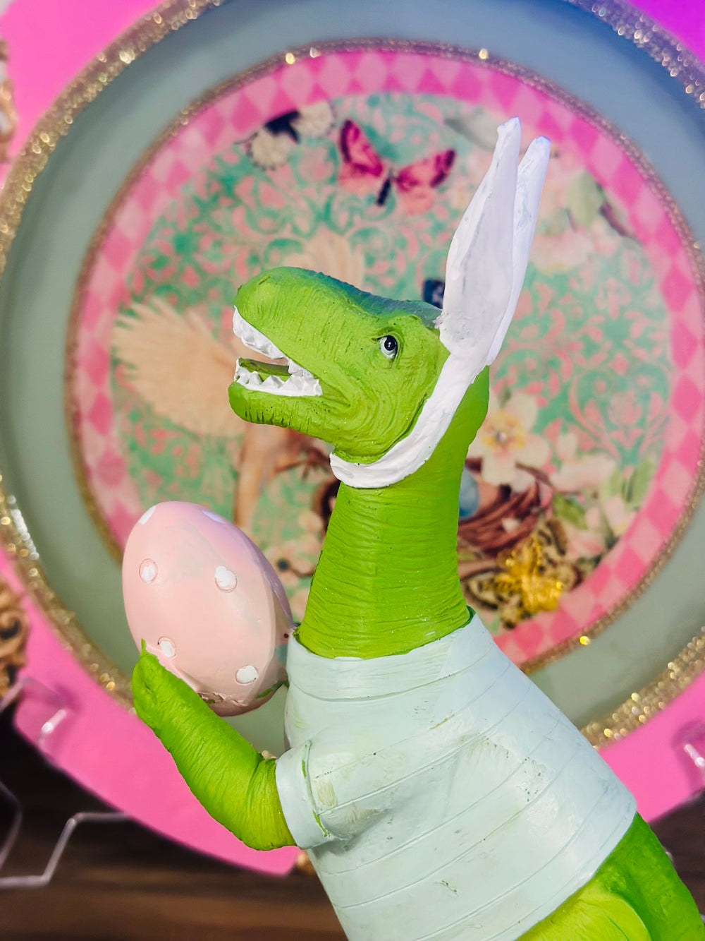 Easter T-Rex Dinosaur Holding Pink Polka Dot Egg Home Decor Funny Figurine Sculpture