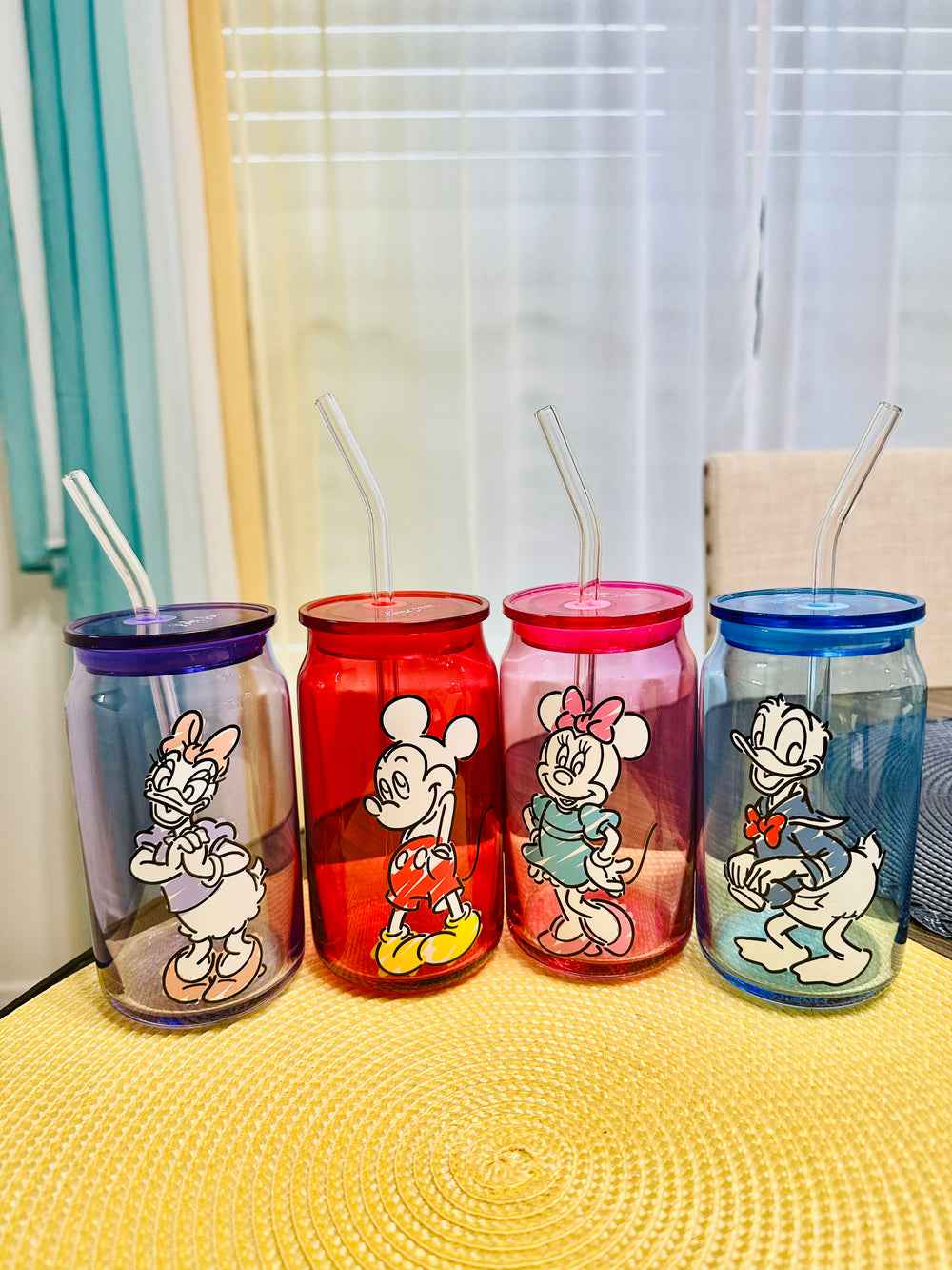 Disney Characters Mickey Mouse and Friends Color Sketch Glass Tumblers with Lids and Straws 16oz Glass Cups with Lids and Straws Set of 4