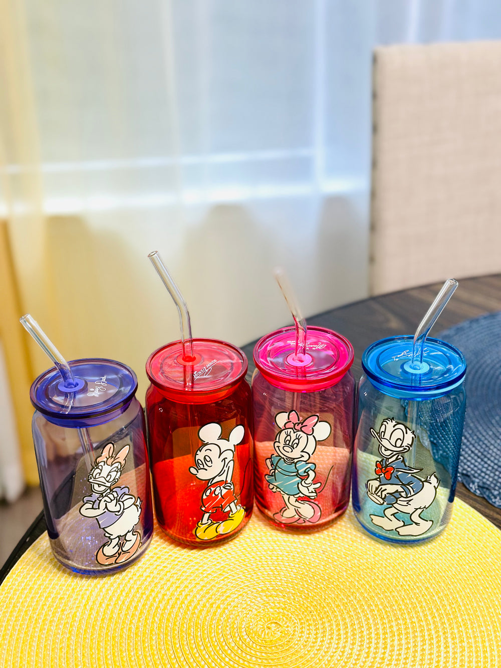 Disney Characters Mickey Mouse and Friends Color Sketch Glass Tumblers with Lids and Straws 16oz Glass Cups with Lids and Straws Set of 4