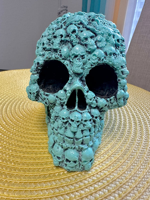 Blue & Black Handmade Statue Garden Skull Head - Skeleton Pattern - Vintage - Oddity - Concrete - Concrete - Mystical