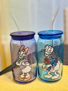 Disney Characters Mickey Mouse and Friends Color Sketch Glass Tumblers with Lids and Straws 16oz Glass Cups with Lids and Straws Set of 4