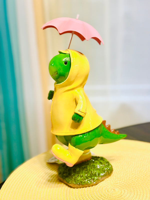 Happy T-Rex Dinosaur With Umbrella & Yellow Raincoat Figurine Spring Home Decor