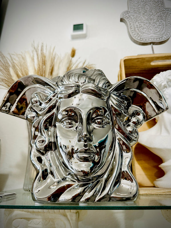 Large Medusa Vase - Greek Mythology - Silver Home Decor - House Warming Gift - Gothic - Vintage Style - Hollywood Regency Decor Style - Ceramic Plant Holder - Chrome