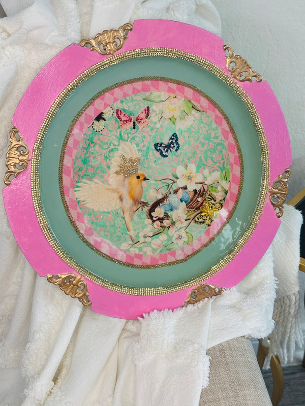 Handmade Art Vintage Style - Ooak - Pink & Gold Metal Plate Home Decoration - Tray - Jewelry Storage Holder - Plate with Butterflies & Bird - Rhinestones - Hollywood Regency Style