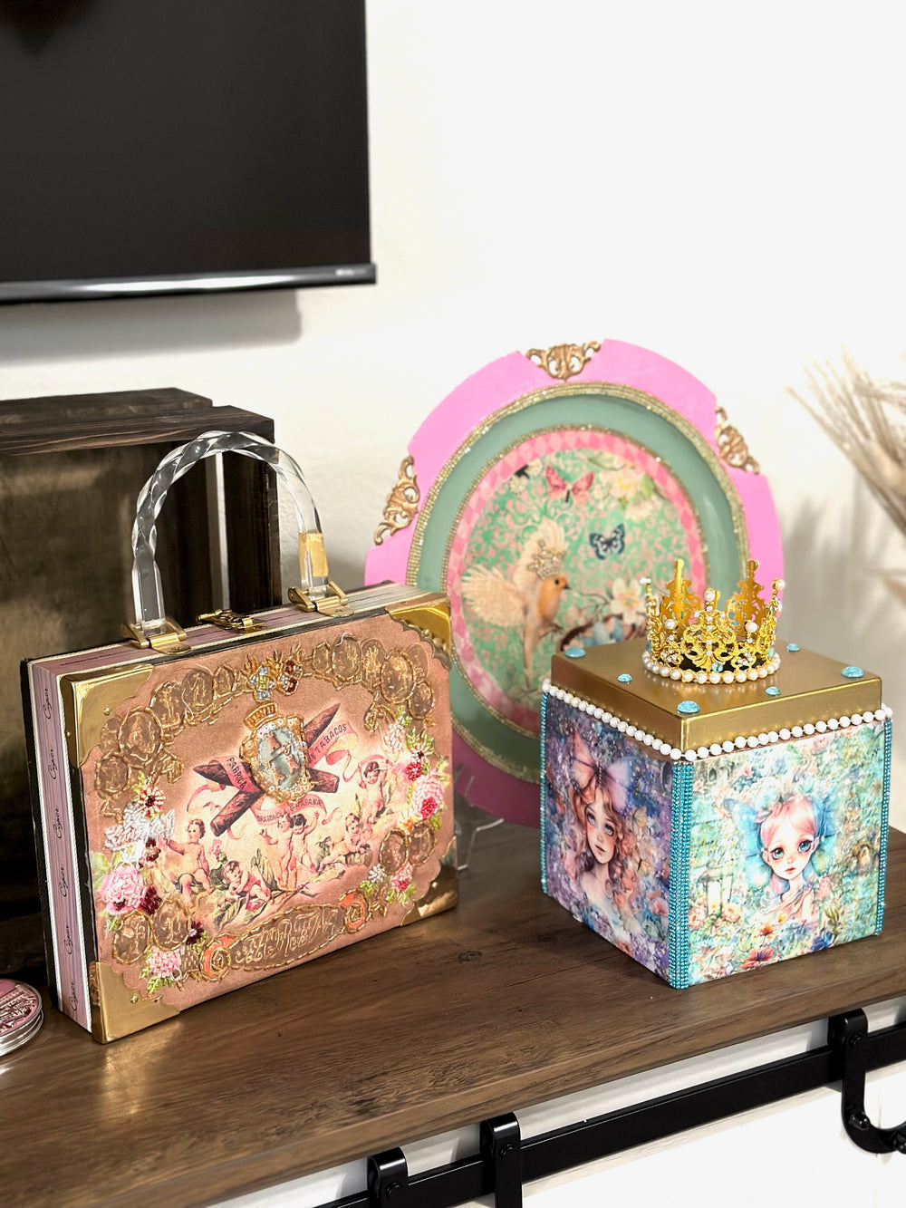 Vintage Cigar Box - Ashley M Angel - Cherub Beaded Jewelry Treasure Box - Wooden Purse - Pink - Angels - Storage Box - Beaded - Boho Traveling Bag